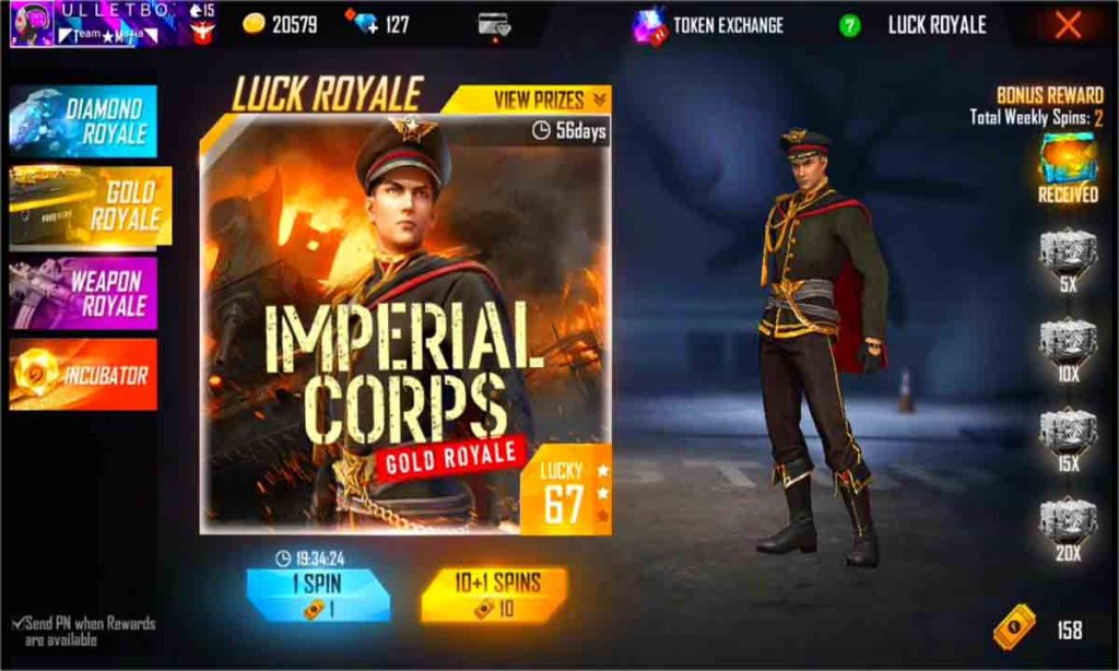 Imperial corps bundle in Free fire: rarest gold royale bundle