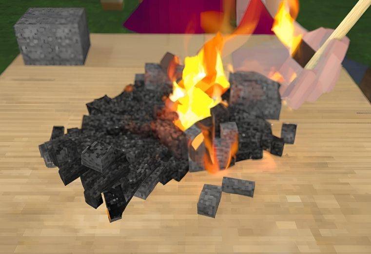 The final of crafting the torch is liting the fire on the stick by using the coal.
The coal are found in the underground of the Minecraft world.